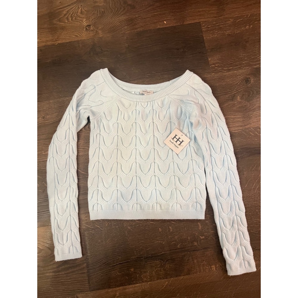 Haute Hippie Kids Style Light Blue Cable Knit Scoop Neck Sweater Size L 12 NWT
